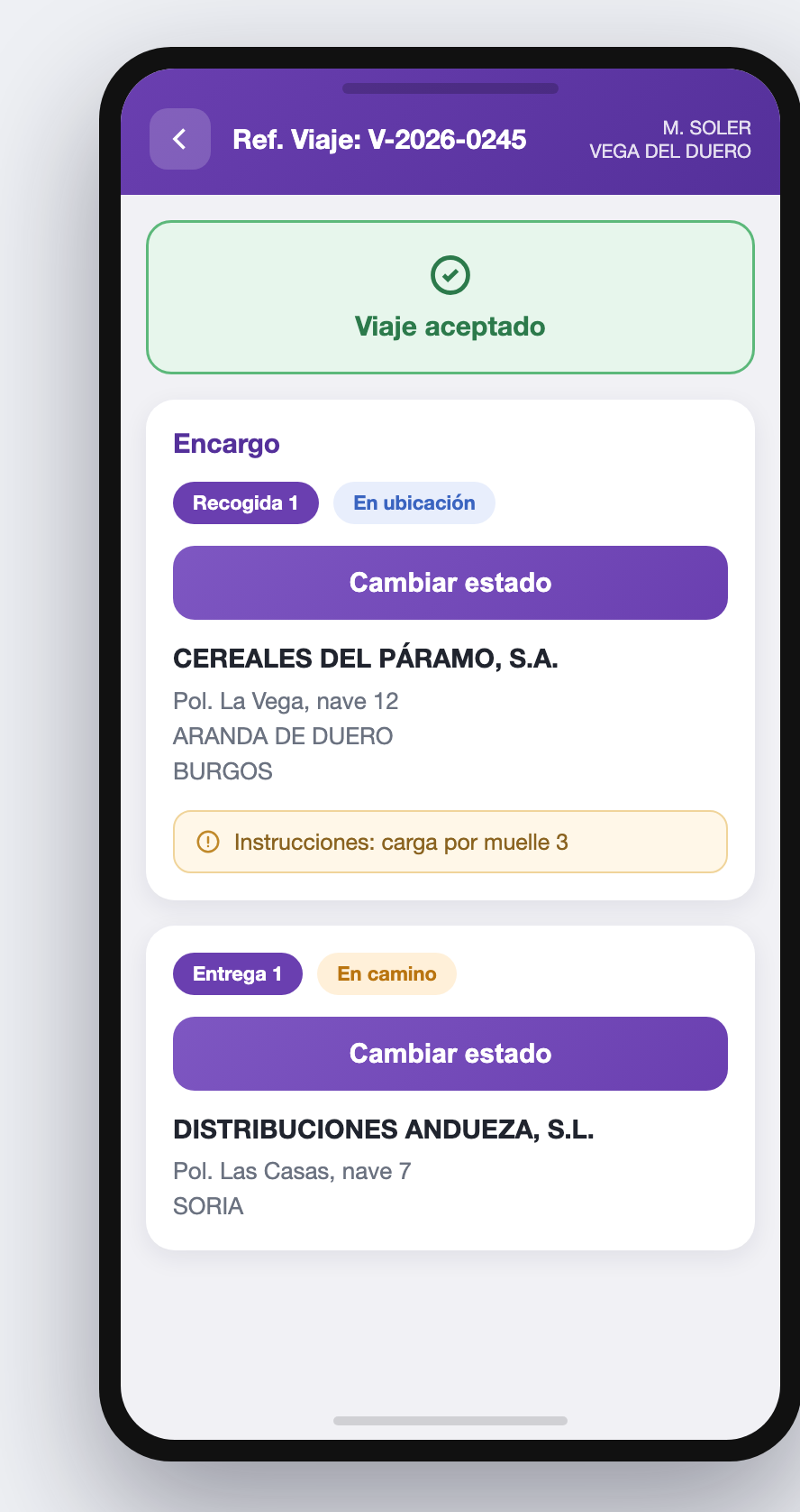 App del chofer SaycuTrans mostrando un viaje aceptado con sus paradas